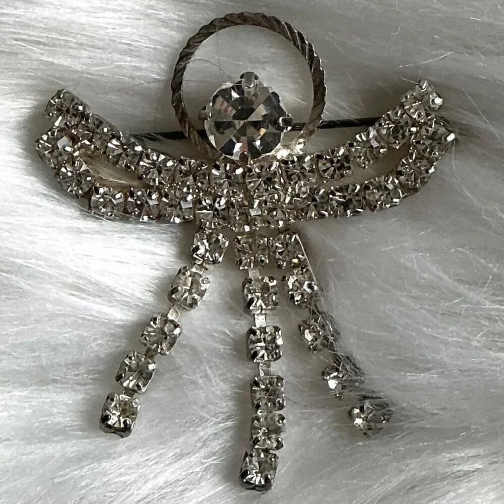 VINTAGE RHINESTONE SILVER ANGEL BROUCH